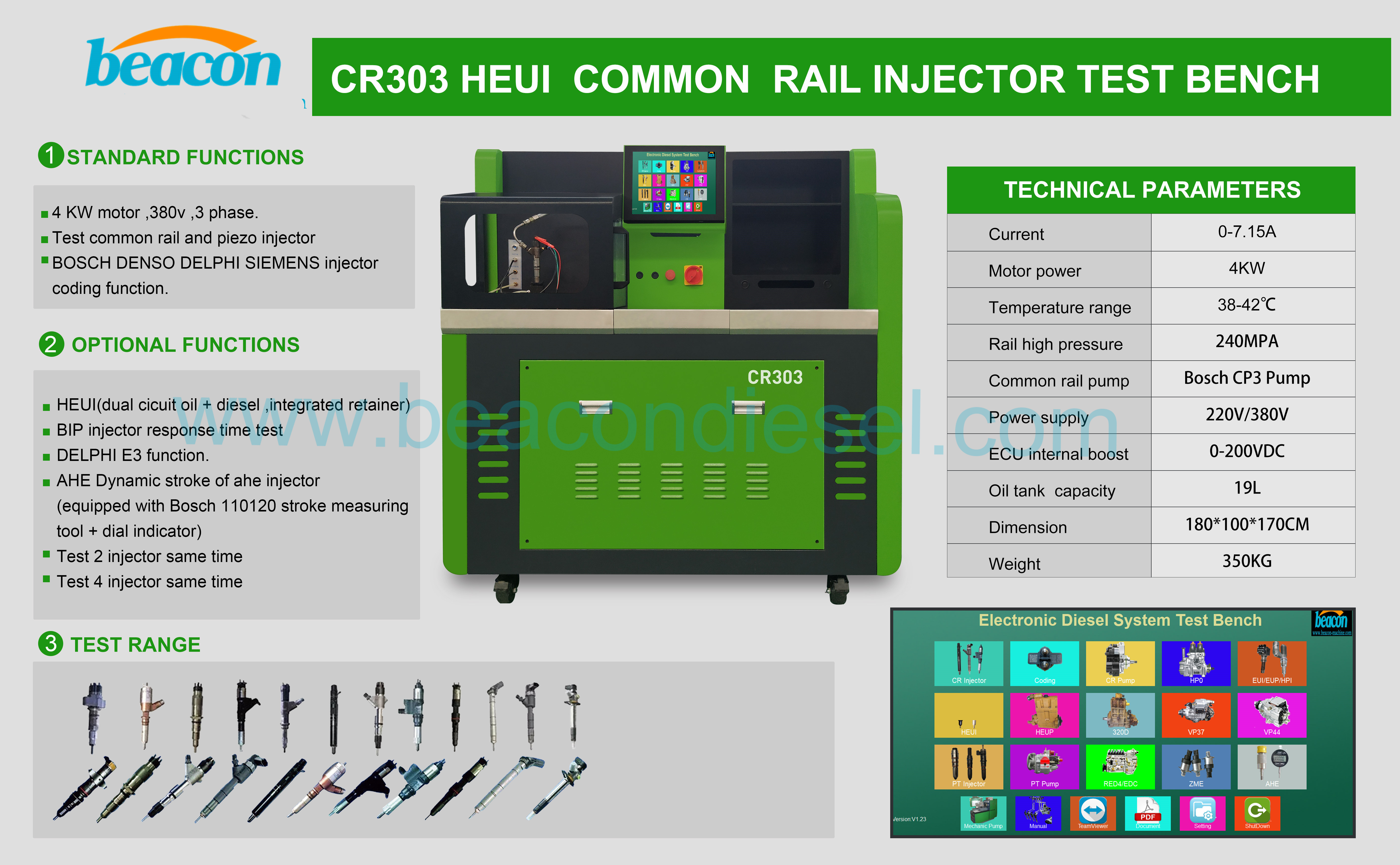 Dinamómetro de motor CR303, máquina de calibración de codificación de inyector diésel common rail, equipo de prueba eléctrico